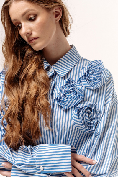 Оверсайз рубашка в полоску с кокеткой и складкой FLAIM 1044 синий-белый - фото 8