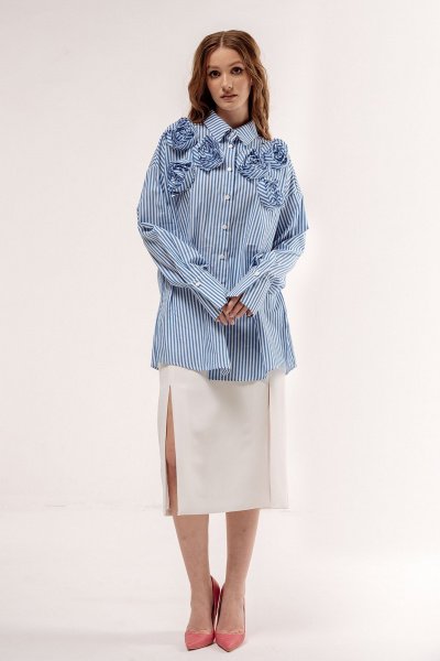 Оверсайз рубашка в полоску с кокеткой и складкой FLAIM 1044 синий-белый - фото 5