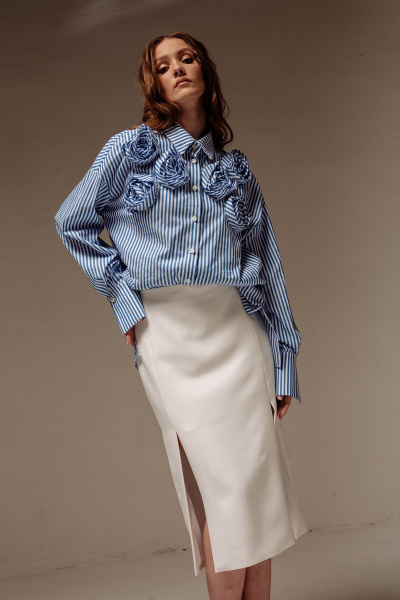 Оверсайз рубашка в полоску с кокеткой и складкой FLAIM 1044 синий-белый - фото 7