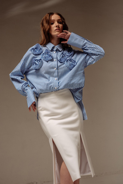 Оверсайз рубашка в полоску с кокеткой и складкой FLAIM 1044 синий-белый - фото 6