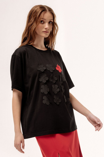 Черная майка с цветами и укороченным рукавом FLAIM 1055 черный - фото 8