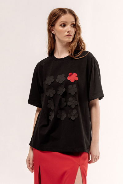 Черная майка с цветами и укороченным рукавом FLAIM 1055 черный - фото 1