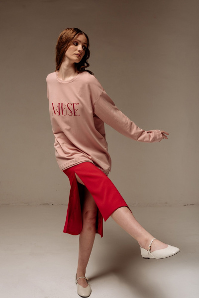 Розовый трикотажный джемпер с печатью и спущенным рукавом FLAIM 1057 персиковый - фото 6