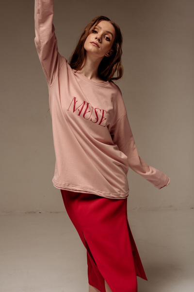 Розовый трикотажный джемпер с печатью и спущенным рукавом FLAIM 1057 персиковый - фото 4