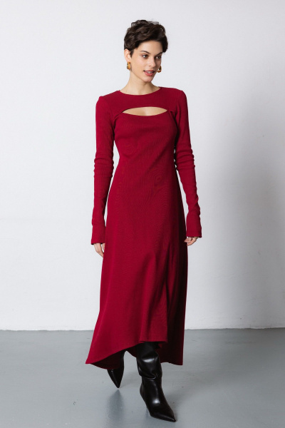 Красное платье из трикотажа с асимметричным низом Krasa М379-24 бордо - фото 13