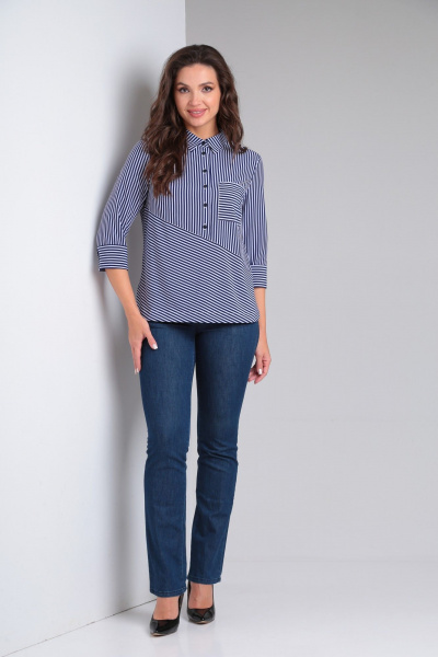 Свободная синяя блузка из вискозы с накладными карманами Modema м.726/2 - фото 5