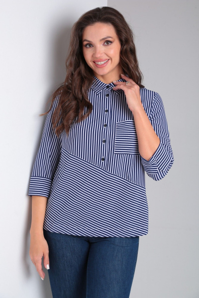 Свободная синяя блузка из вискозы с накладными карманами Modema м.726/2 - фото 1