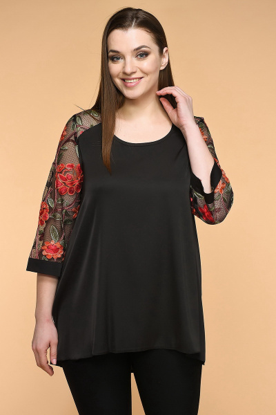 Блуза кружево из текстиля для на каждый день, демисезон Медея и К 1903 черный - фото 1