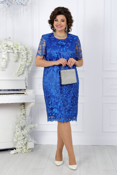 Платье футляр с кружевом и атласом, нарядное Ninele 7231 василек - фото 4