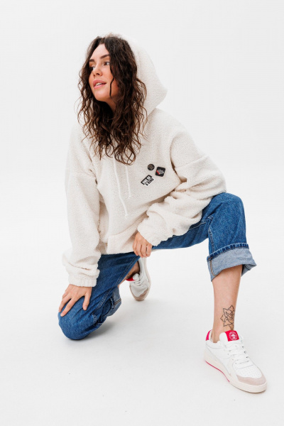 Oversize трикотажное худи с капюшоном и карманом кенгуру HIT 0220 белый - фото 6