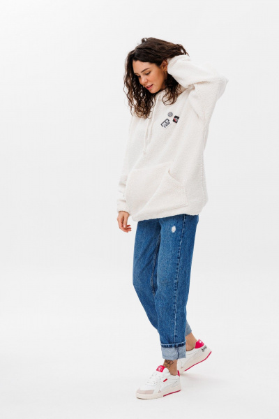 Oversize трикотажное худи с капюшоном и карманом кенгуру HIT 0220 белый - фото 4