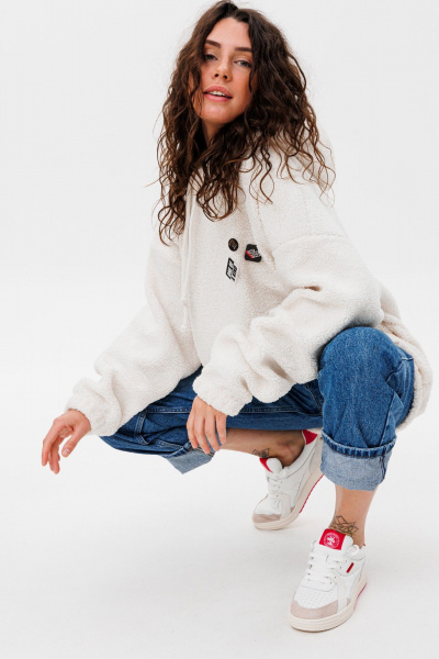 Oversize трикотажное худи с капюшоном и карманом кенгуру HIT 0220 белый - фото 5