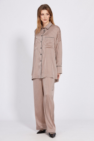 Бежевый комплект из атласа: блуза и прямые брюки EOLA 2594 бежевый_принт - фото 6