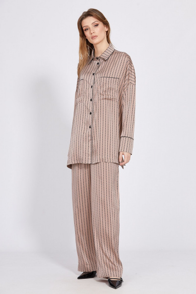 Бежевый комплект из атласа: блуза и прямые брюки EOLA 2594 бежевый_принт - фото 4