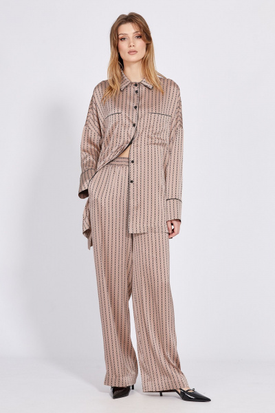 Бежевый комплект из атласа: блуза и прямые брюки EOLA 2594 бежевый_принт - фото 1