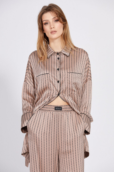 Бежевый комплект из атласа: блуза и прямые брюки EOLA 2594 бежевый_принт - фото 3