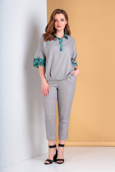 Летний женский комплект из блузы и брюк с резинкой Liona Style 752 серый/бирюза - фото 2