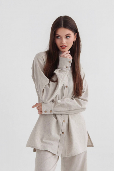 Леновая рубашка на пуговицах с накладными карманами SK Brand SK7143 серо-бежевый - фото 2