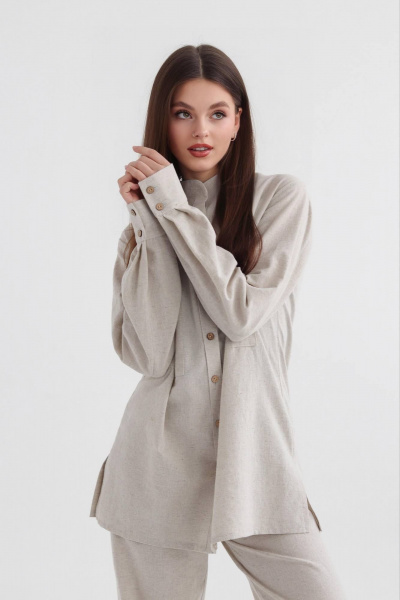 Леновая рубашка на пуговицах с накладными карманами SK Brand SK7143 серо-бежевый - фото 1