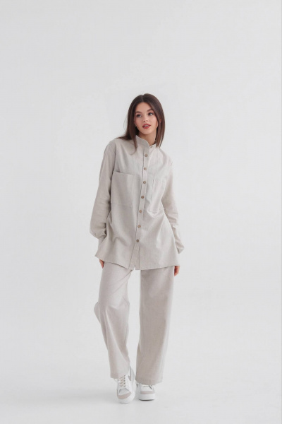 Леновая рубашка на пуговицах с накладными карманами SK Brand SK7143 серо-бежевый - фото 5