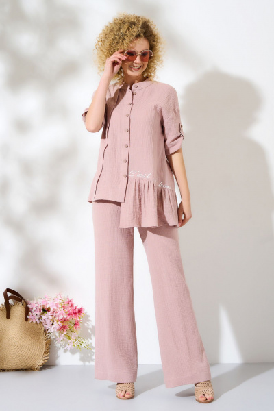 Розовый летний костюм из хлопковой ткани: рубашка и брюки Euromoda 455 - фото 1