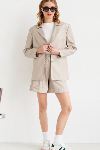 Жакет из экокожи с воротником и карманами VIZANTI 9180 бежевый - фото 2