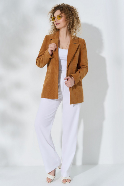 Летний костюм из льна с жакетом на подкладке и прямыми брюками Euromoda 516 горчица - фото 1