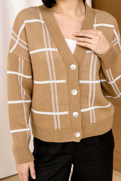Кардиган прямого силуэта из трикотажа с V-образной горловиной Romgil РВ0077-АК2 светло-коричневый,белый - фото 3
