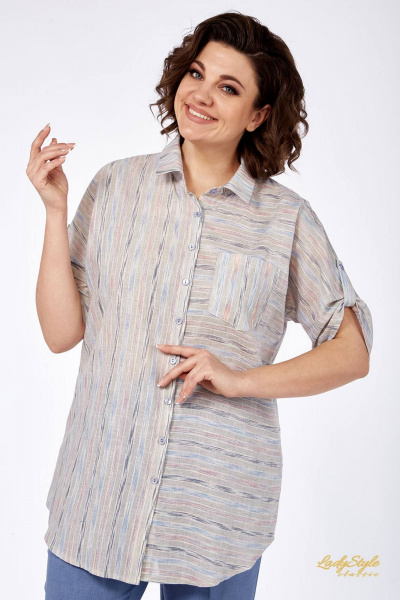 Брючный костюм с блузой из полоски и горошка Lady Style Classic 1577/2 голубой_с_серым - фото 3