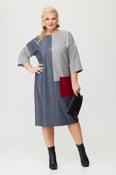 Платье из текстильной ткани и эко-кожи с разрезом Anastasia 1022.1 графит - фото 3