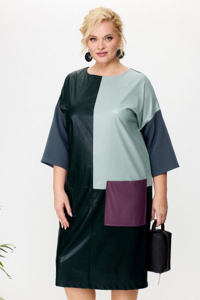 Платье приталенное за колено из экокожи с разрезом Anastasia 1022.1 малахит - фото 5