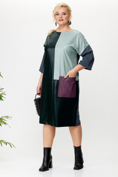 Платье приталенное за колено из экокожи с разрезом Anastasia 1022.1 малахит - фото 3