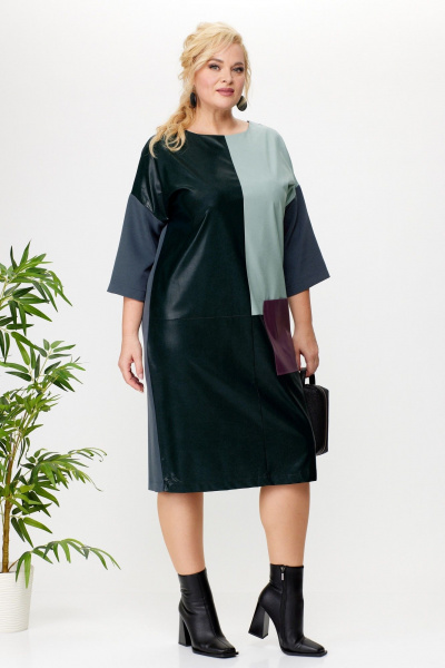Платье приталенное за колено из экокожи с разрезом Anastasia 1022.1 малахит - фото 2