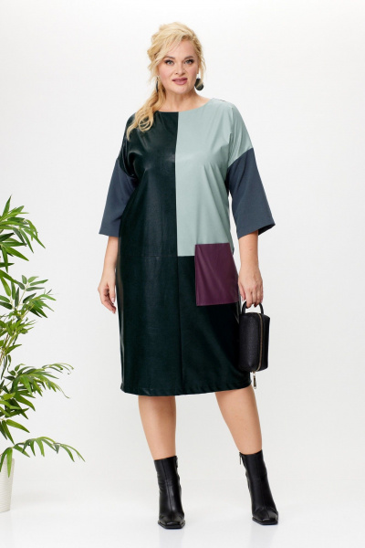 Платье приталенное за колено из экокожи с разрезом Anastasia 1022.1 малахит - фото 1