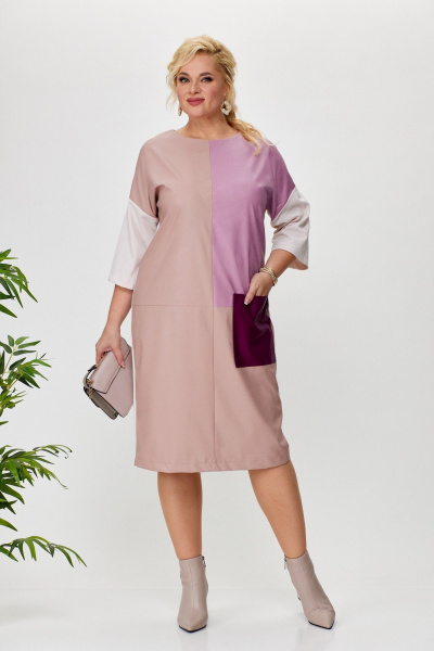 Платье прямое за колено из экокожи с разрезом Anastasia 1022.1 пыльная_роза - фото 1