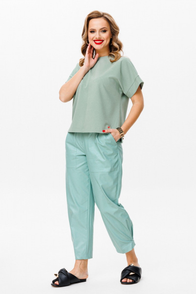 комплект топ и брюки из Эко-кожи и трикотажа Anastasia 1090 мята - фото 22