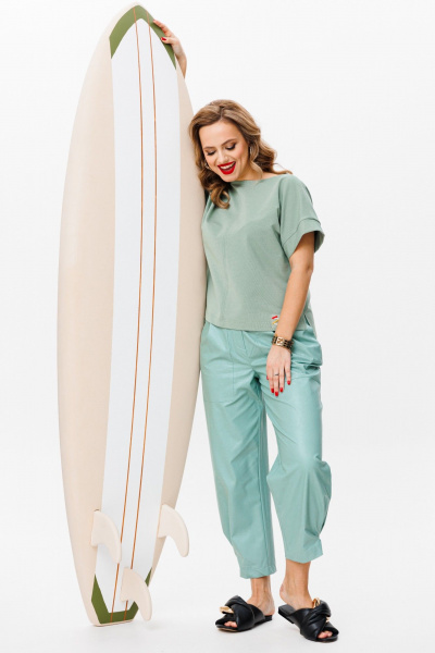 комплект топ и брюки из Эко-кожи и трикотажа Anastasia 1090 мята - фото 15