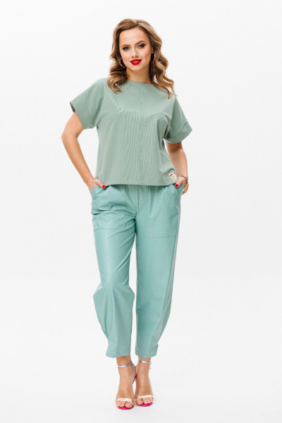 комплект топ и брюки из Эко-кожи и трикотажа Anastasia 1090 мята - фото 6
