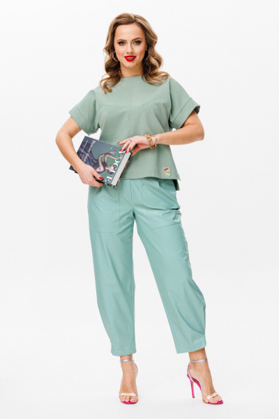 комплект топ и брюки из Эко-кожи и трикотажа Anastasia 1090 мята - фото 4