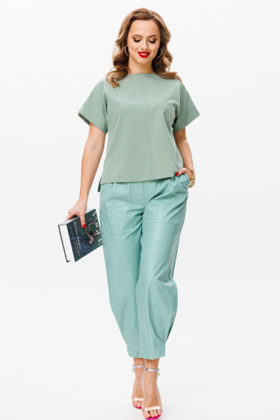 комплект топ и брюки из Эко-кожи и трикотажа Anastasia 1090 мята - фото 2