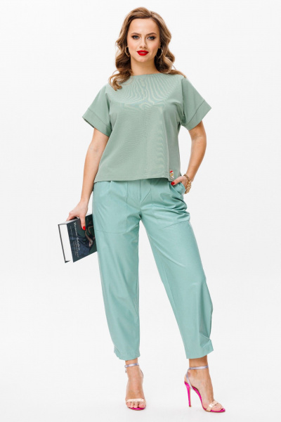 комплект топ и брюки из Эко-кожи и трикотажа Anastasia 1090 мята - фото 1