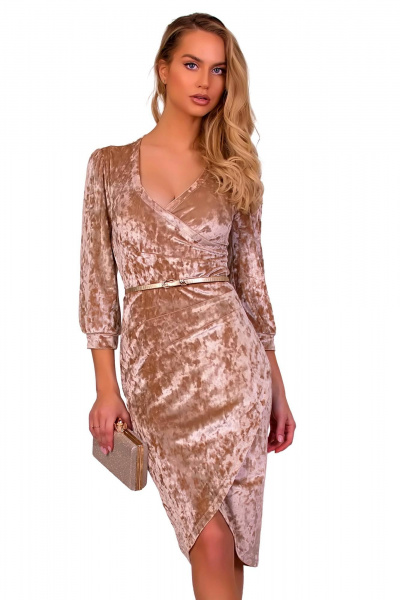 Нарядное бежевое платье из бархата с запахом F de F 2483 песочный - фото 4