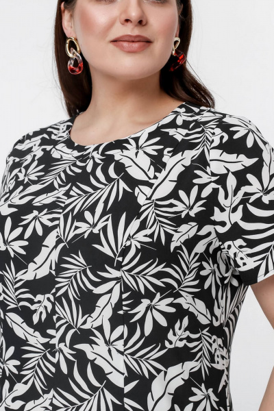 Платье с юбкой годе и коротким рукавом для ежедневных образов La rouge 5442 черно-белый-(листья) - фото 4