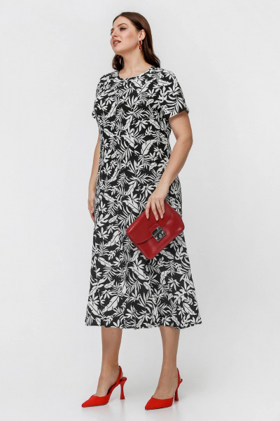 Платье с юбкой годе и коротким рукавом для ежедневных образов La rouge 5442 черно-белый-(листья) - фото 2