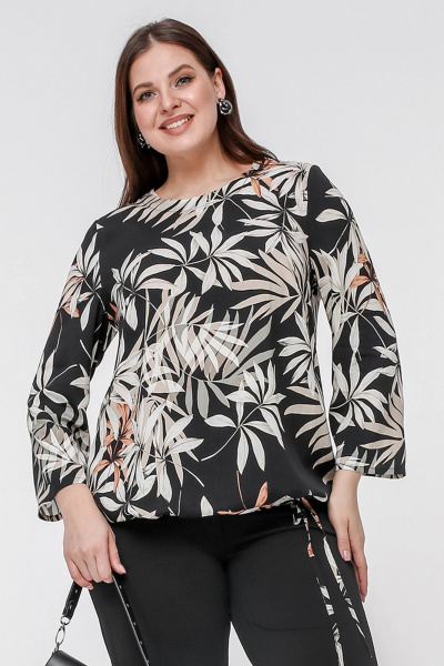 Блуза свободного кроя с нагрудными вытачками и шнурком La rouge 6285 тропики-набивной - фото 1