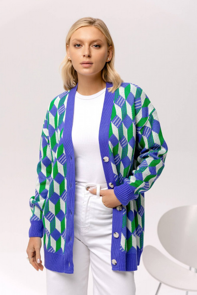 Кардиган в мультиколоре из трикотажа для стильных образов Romgil 826ПТЗ фиолетовый,изумрудно-зеленый,белый - фото 1
