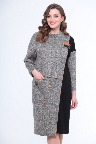 Полуприлегающее платье из трикотажа с кожаными деталями Le Collect 344 серо-черный - фото 4