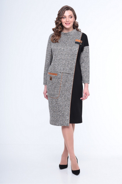 Полуприлегающее платье из трикотажа с кожаными деталями Le Collect 344 серо-черный - фото 1