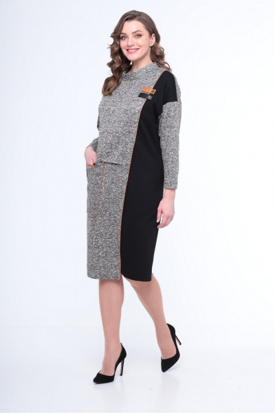 Полуприлегающее платье из трикотажа с кожаными деталями Le Collect 344 серо-черный - фото 2