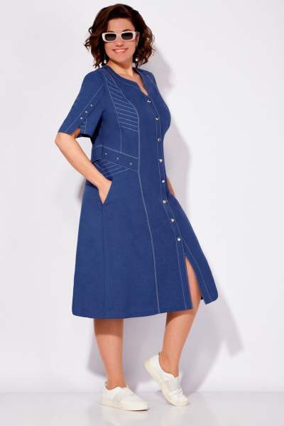 Платье летнее приталенное из льна и текстиля Tellura-L 1722 синий - фото 4